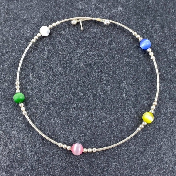 Vintage Jewelry - Sterling Silver 925 Memory Wire Multicolor Simulated Cat's Eye Bracelet 7.5"